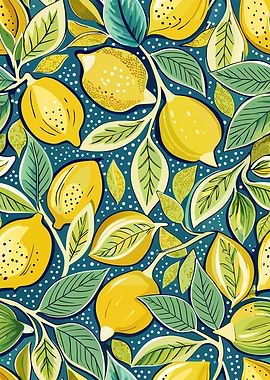 Lemon and Leaf Pattern on Blue