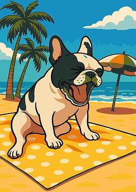 Cartoon Dog Yawning on Beach Towel