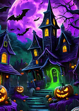 Spooky Halloween Haunted House with Bats