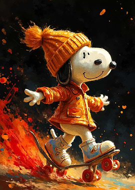 Snoopy Skateboarding in Winter Gear