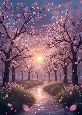 Cherry Blossom River at Sunset