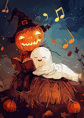 Halloween Pumpkin Scarecrow and Ghost Reading