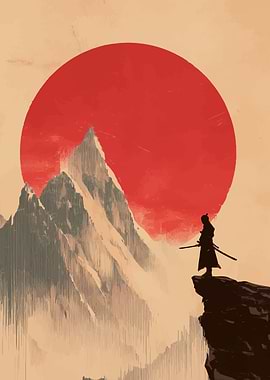 Samurai Silhouette with Mountain Backdrop