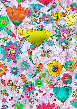 Colorful Floral Pattern with Bees