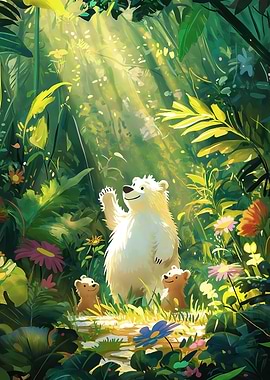 Bear Family in a Lush Forest