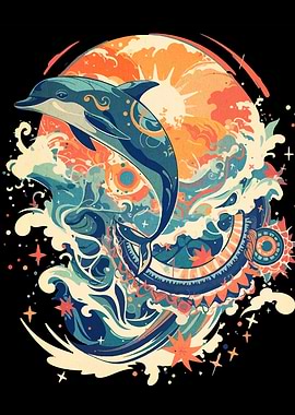 Dolphin Art with Waves and Sun