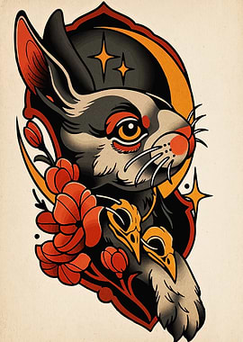Rabbit, Skulls, and Flowers Tattoo Art