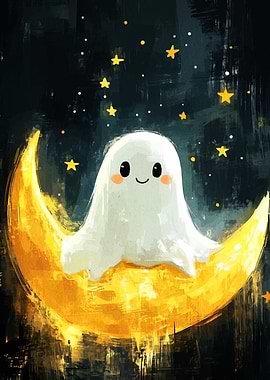 Cute Ghost on Moon with Stars