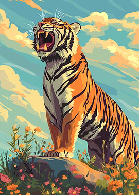 Roaring Tiger in Floral Landscape