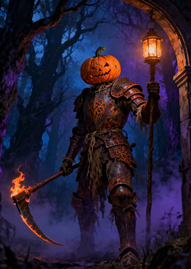 Pumpkin-headed Knight in Dark Forest