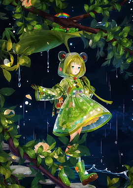 Girl in Raincoat with Frogs