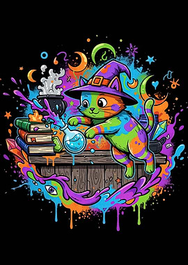 Colorful Witch Cat with Potion