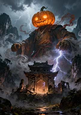 Pumpkin-headed figure in Asian landscape