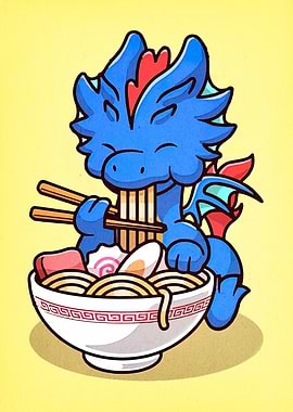 Blue Dragon Eating Ramen Illustration