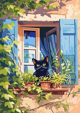 Black cat in window with plants