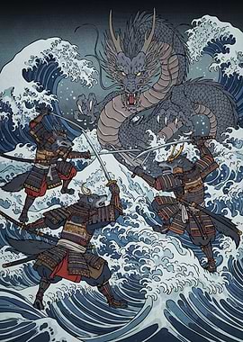 Wolf Samurai Dragon Waves