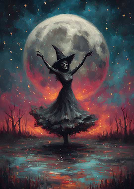 Witch Skeleton Dancing Under Full Moon