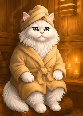 Relaxing fluffy White Cat Cozy Sauna ROBE Spa Home Decor Print ART