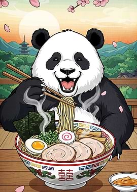 Panda enjoying bowl ramen