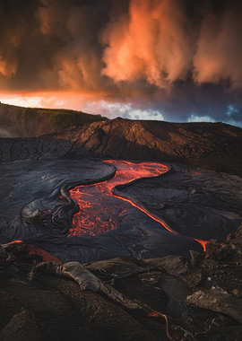 River of Lava Under Dramatic Sky