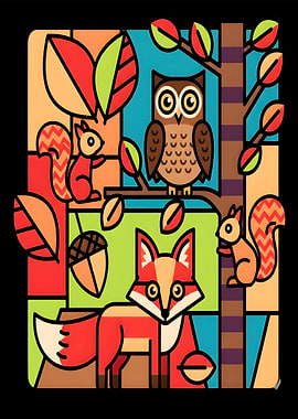 Modern Pop Art Autumn Forest Animals Illustration