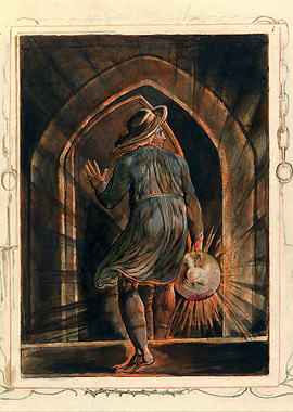 Man entering arched doorway, holding hat