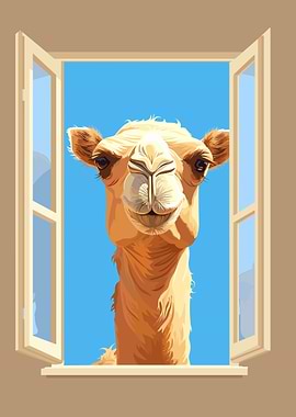 Camel Looking Through Window Illustration