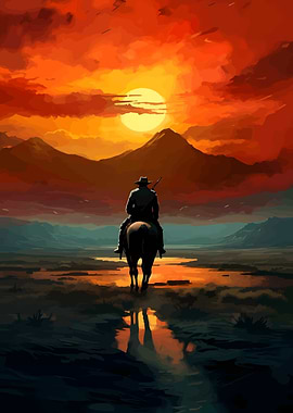 Cowboy on Horseback at Sunset
