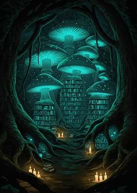 Glowing Mushroom Library in Enchanted Forest