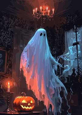 Halloween Ghost and Pumpkin Illustration