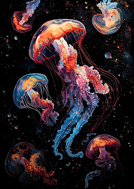 Colorful Jellyfish in Dark Space