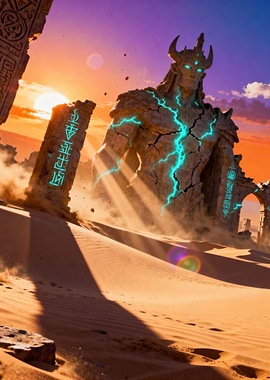 Stone Golem in Desert Landscape