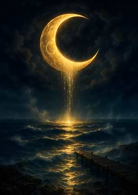 Golden Moon over Ocean with Dock