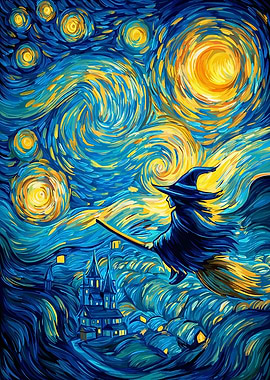 Whimsical Witch Flight in Starry Night