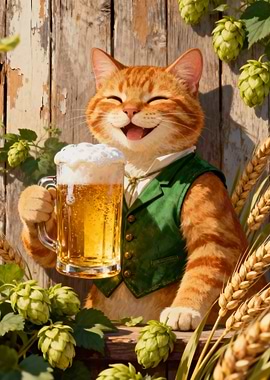 Happy Cat with Beer and Hops