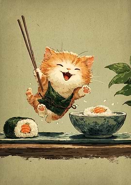 Happy Cat with Sushi