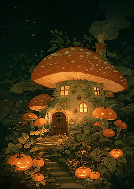 Mushroom House with Pumpkins