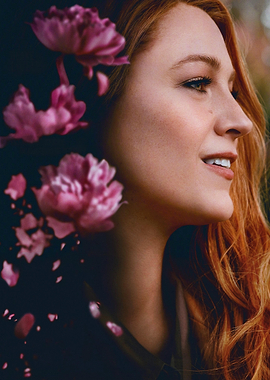 Redhead with Pink Flowers Portrait