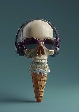 Skull Ice Cream Cone with Headphones