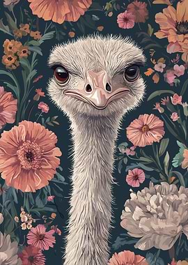 Ostrich Portrait with Floral Background