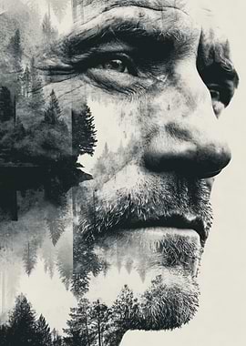 Monochrome Portrait with Forest Double Exposure