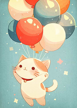 Cute Cat with Balloons Illustration