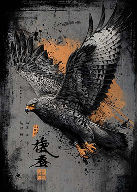 Soaring Eagle with Japanese Calligraphy