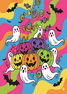 Halloween Fun Pop Art pumpkins, ghosts, candy, bats.