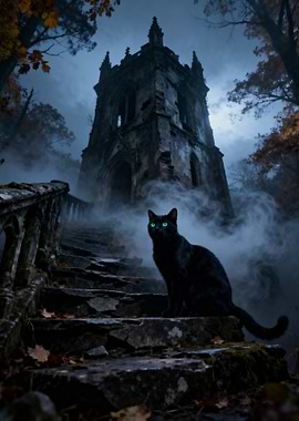 Black cat on stairs to tower