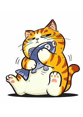 Cartoon Cat Eating Fish Illustration