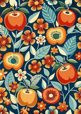 Floral and Fruit Pattern on Dark Blue