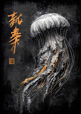 Jellyfish Ink Art with Asian Script
