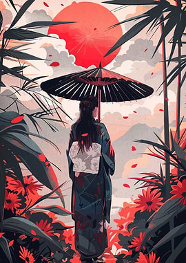 Japanese Woman with Umbrella under Sun