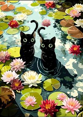 Two Black Cats in Lily Pond Watercolor Kawaii Cute Kitten Art